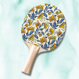 Pala De Ping Pong Vintage Yellow Orange Folk Floral Blue Leaf