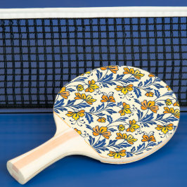 Pala De Ping Pong Vintage Yellow Orange Folk Floral Blue Leaf