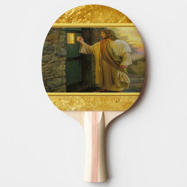 Pala De Ping Pong Visita al amanecer Jesús tocando una puerta rústic (Anverso)