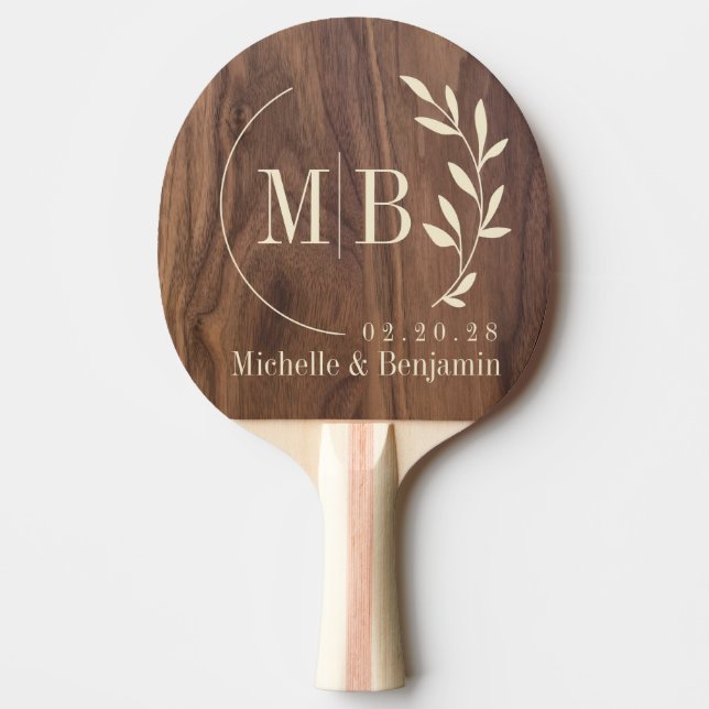 Pala De Ping Pong Walnut Wood Leaf Wedding Monogram (Anverso)
