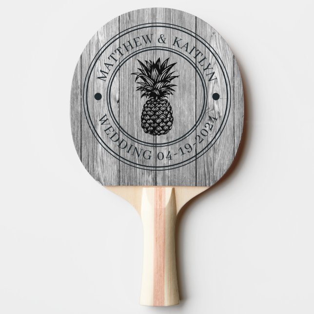 Pala De Ping Pong Weathered Dark Gray Pineapple Wedding Crest & Name (Reverso)
