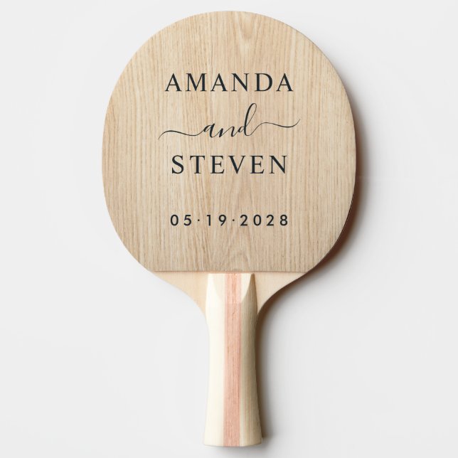 Pala De Ping Pong White Pine Couple Names with Wedding Date (Reverso)