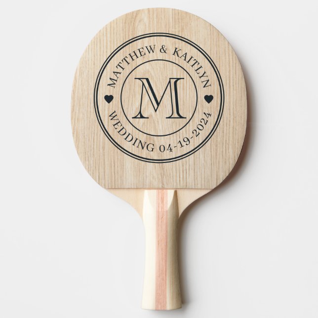 Pala De Ping Pong White Pine Wedding Monogram Heart (Anverso)