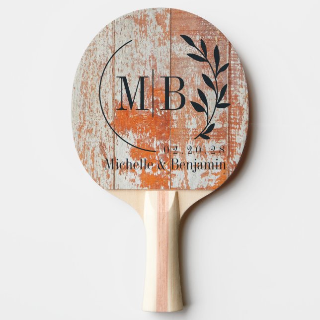 Pala De Ping Pong Worn Barn Wood Leaf Wedding Monogram (Reverso)