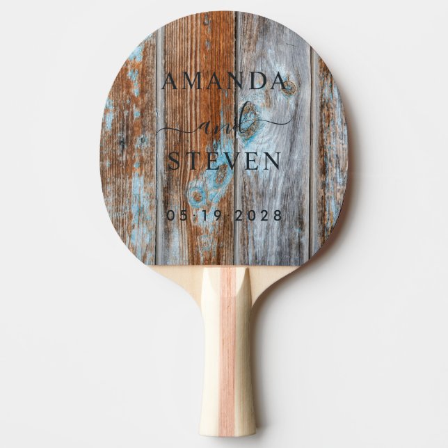 Pala De Ping Pong Worn Blue Wash Wood Couple Names with Wedding Date (Anverso)