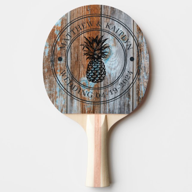Pala De Ping Pong Worn Blue Wash Wood Pineapple Wedding Crest & Name (Anverso)