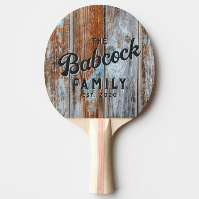 Pala De Ping Pong Worn Blue Wash Wood Retro Family Name & Year (Anverso)