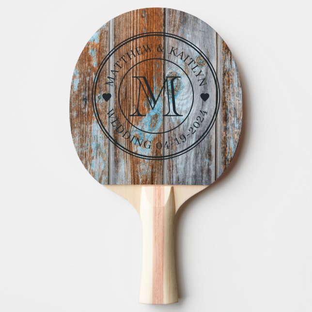 Pala De Ping Pong Worn Blue Wash Wood Wedding Monogram Heart (Anverso)