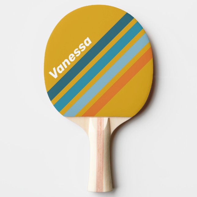 Pala De Ping Pong Yellow Retro Angled Striping with Name (Reverso)