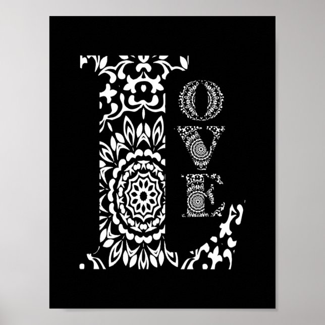 Palabra negra y blanca arte amor con patrones de e (Frente)