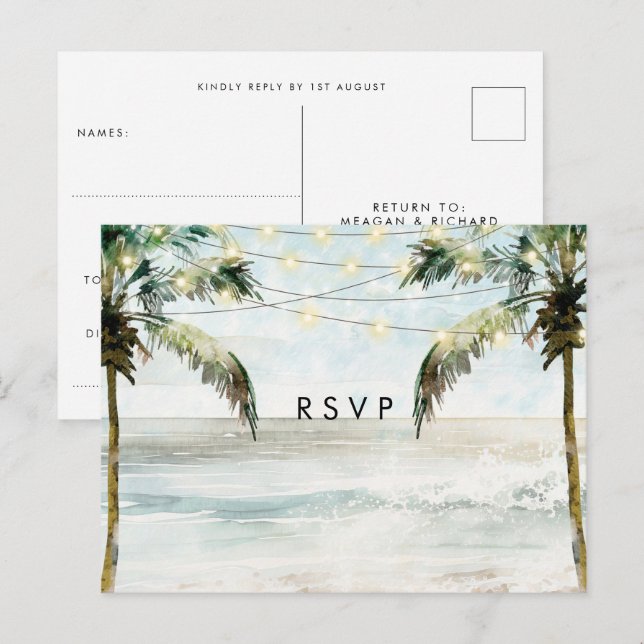 Palabras boho playa boda rsvp postal postal (Anverso / Reverso)
