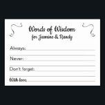 Palabras de sabiduría Tarjetas de consejo matrimon<br><div class="desc">Estas preciosas tarjetas de consejo personalizadas serán el complemento perfecto para la recepción de tu boda o la ducha de novias o parejas. Este diseño presenta una combinación de fuentes negras y acentos grises de acero. La tarjeta dispone de un espacio para que los clientes dejen su consejo en lo...</div>