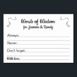 Palabras de sabiduría Tarjetas de consejo matrimon<br><div class="desc">Estas preciosas tarjetas de consejo personalizadas serán el complemento perfecto para la recepción de tu boda o la ducha de novias o parejas. Este diseño presenta una combinación de fuentes negras y acentos grises de acero. La tarjeta dispone de un espacio para que los clientes dejen su consejo en lo...</div>