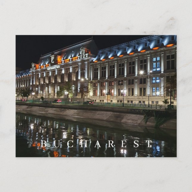Palacio de Justicia de Bucarest en postal nocturna (Anverso)