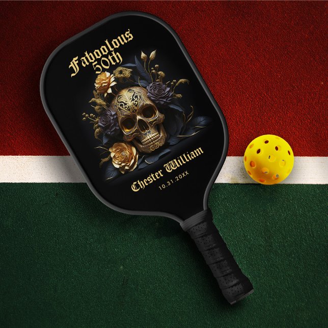 PALAS DE PICKLEBALL 50.º CUMPLEAÑOS ROSA DE GOLD SKULL HALLOWEEN (50TH BIRTHDAY GOLD SKULL ROSE HALLOWEEN Fifty Party PICKLEBALL PADDLE
)