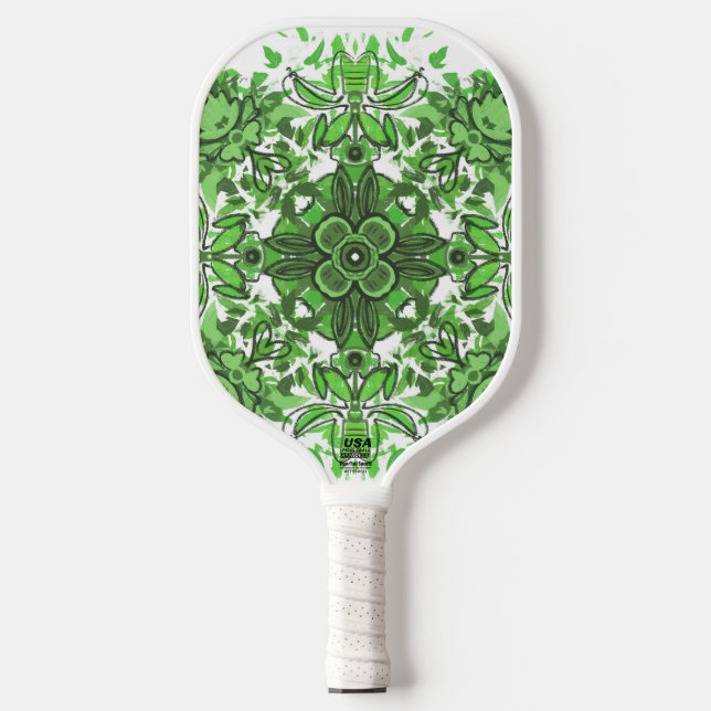 Palas De Pickleball Abstract Floral Pattern In Black & Green On White (Anverso)