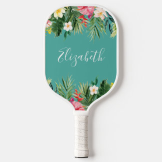 Palas De Pickleball Acuarela Floral tropical Añadir nombre blanco Verd