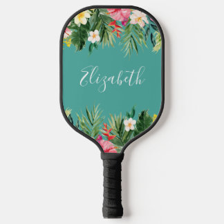 Palas De Pickleball Acuarela Floral tropical Añadir nombre Verde azula