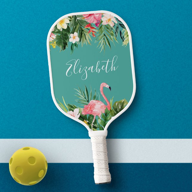 Palas De Pickleball Acuarela Floral tropical Flamingo Verde azulado Añ (Choose your handle color.)
