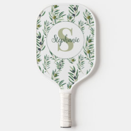 Palas De Pickleball Acuarela Patrón de ramas de olivo con monograma de