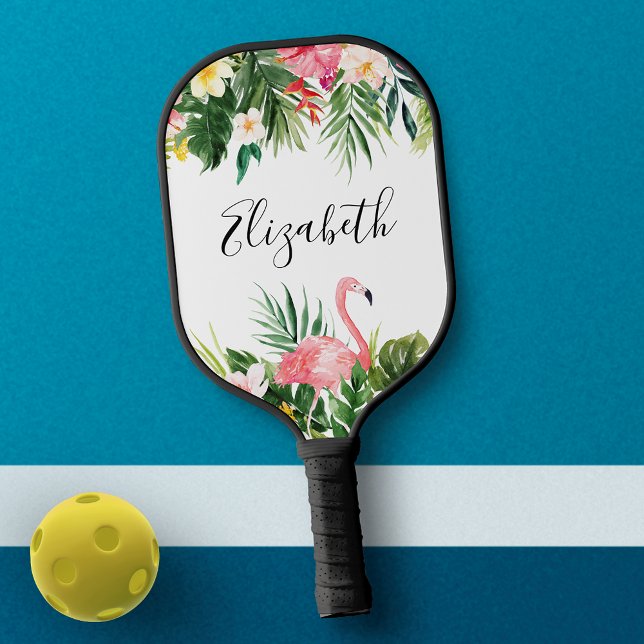 Palas De Pickleball Acuarela Tropical Floral Rosa Flamingo Nombre (Choose your handle color.)