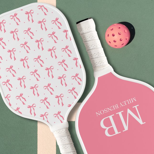 Palas De Pickleball Aestesia Country Club Pink Bows Monograma Preppy (Preppy Coquette Old Money Aesthetic Bow Pattern Pink Monogram Personalized Custom Pickleball Paddle)