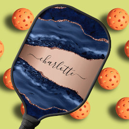 Palas De Pickleball ágata azul mármol rosa oro nombre script