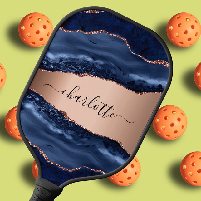 Palas De Pickleball ágata azul mármol rosa oro nombre script (Subido por el creador)
