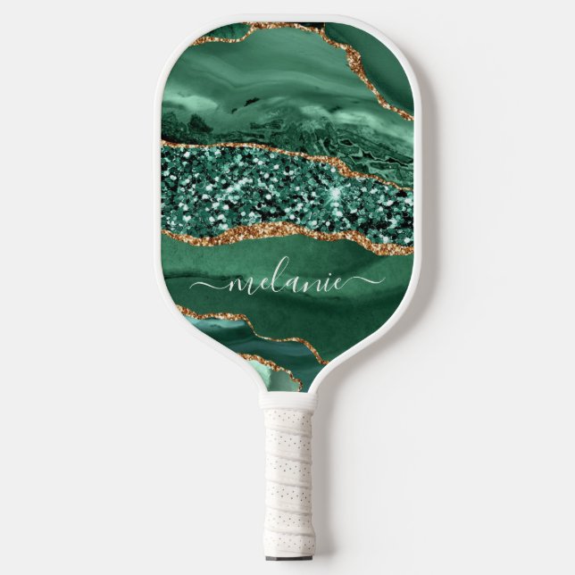 Palas De Pickleball Agate Green Gold Sparkle Name Pickleball Paddle (Anverso)