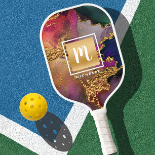 Palas De Pickleball Aguamarina de Monograma Acuarela Dorado Púrpura Ve