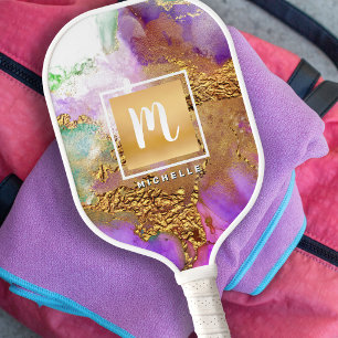 Palas De Pickleball Aguamarina Monograma Purpura Rosa Con Hojuela De O