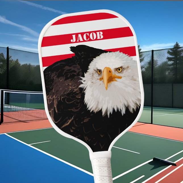 Palas De Pickleball Águila Norteamericana Patriótica Negrita Bandera R (Patriotic American Personalized Pickleball Paddle With Bald Eagle Bold Red & White USA Flag Stripes )