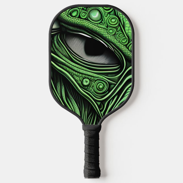 Palas De Pickleball Alien verde con fondo de líneas de degeneración (Anverso)