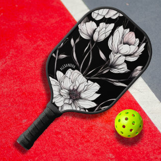 Palas De Pickleball Anémona Floral Elegante Nombre Personalizado Negro