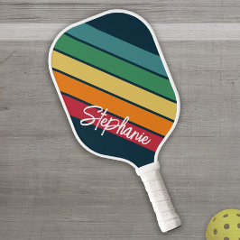 Palas De Pickleball Arcoiris de patrón de banda retro - Nombre de guió