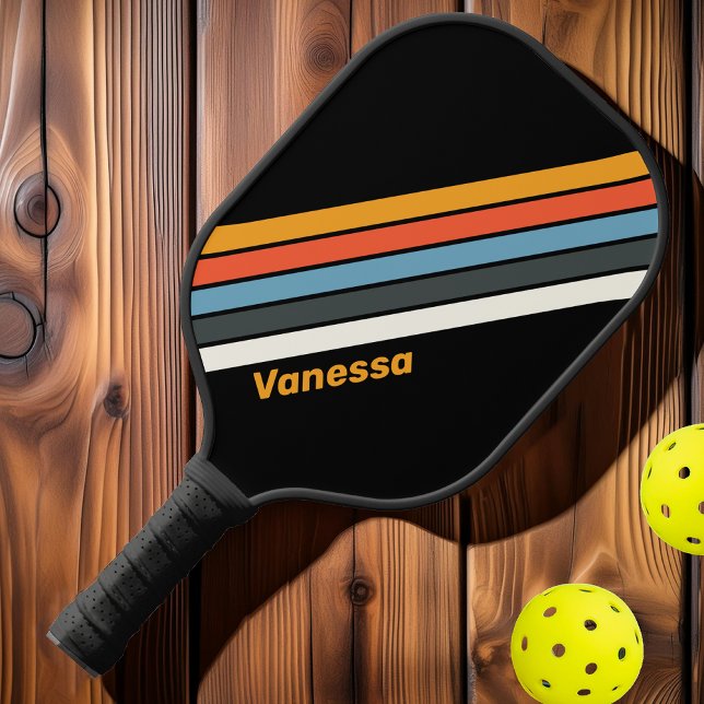 Palas De Pickleball Arcoíris Retro Oscuro a Rayas con Nombre (Subido por el creador)