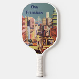 Palas De Pickleball Arte de cartel de viaje de antiguos tranvías de Sa