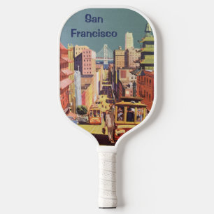 Palas De Pickleball Arte de cartel de viaje de antiguos tranvías de Sa