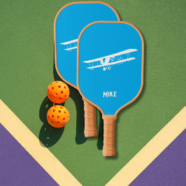 Palas De Pickleball Aviación Azul Monograma Simple Avión Divertido