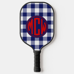Palas De Pickleball Azul Marino Círculo Monograma Blanco Plaid Hacer U