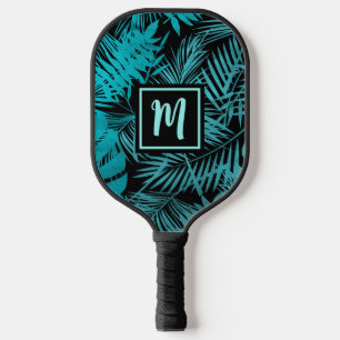 Palas De Pickleball Azul verde azulado Tropical Monograma Palm Leaf Ne