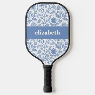 Palas De Pickleball Azul y Blanco Floral Nombre Personalizado Botánico