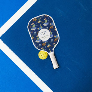 Palas De Pickleball Ballenas tortugas océano mar azul blanco monograma