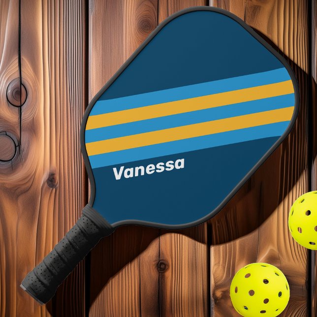 Palas De Pickleball Bandas azules de la marina retro con nombre (Subido por el creador)