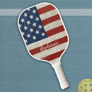 Palas De Pickleball Bandera estadounidense moderna con nombre de guión