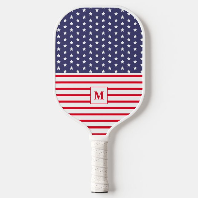 Palas De Pickleball Bandera norteamericana blanca y azul monogramada (Anverso)