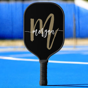 Palas De Pickleball Black Gold Modern Script Monograma Nombre