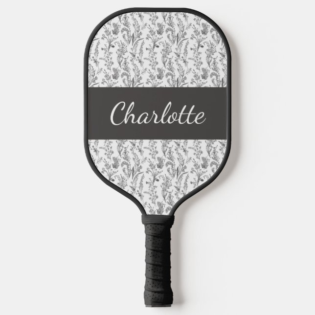 Palas De Pickleball Black White Chic Toile Floral Custom Name (Anverso)