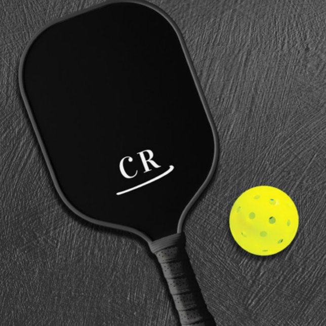 Palas De Pickleball Blanco y negro | Iniciales de monograma moderno (Black & White | Modern Monogram Initials Pickleball Paddle)