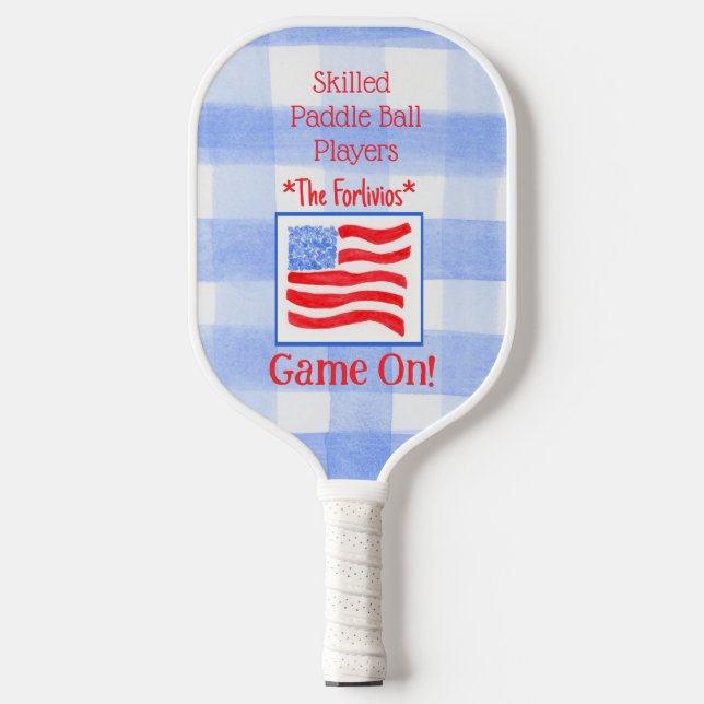 Palas De Pickleball Blue Check Gingham USA Flag GAME ON (Anverso)